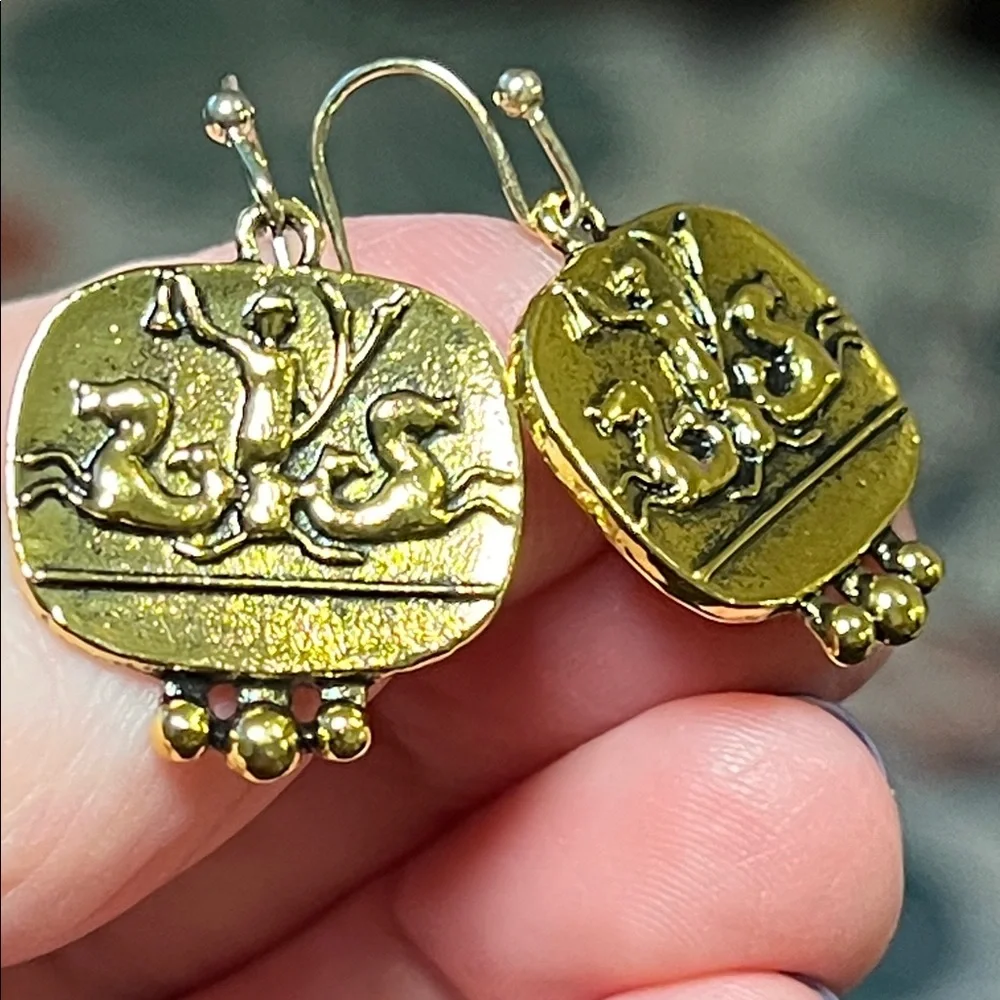 Vintage Style Etruscan Medallion Stamped Coin 18k Gold Plated Earrings